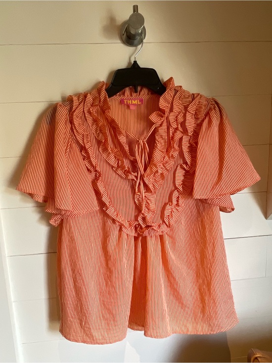 THML Tops - THML Coral and White Striped Ruffle Tie-Front Blouse